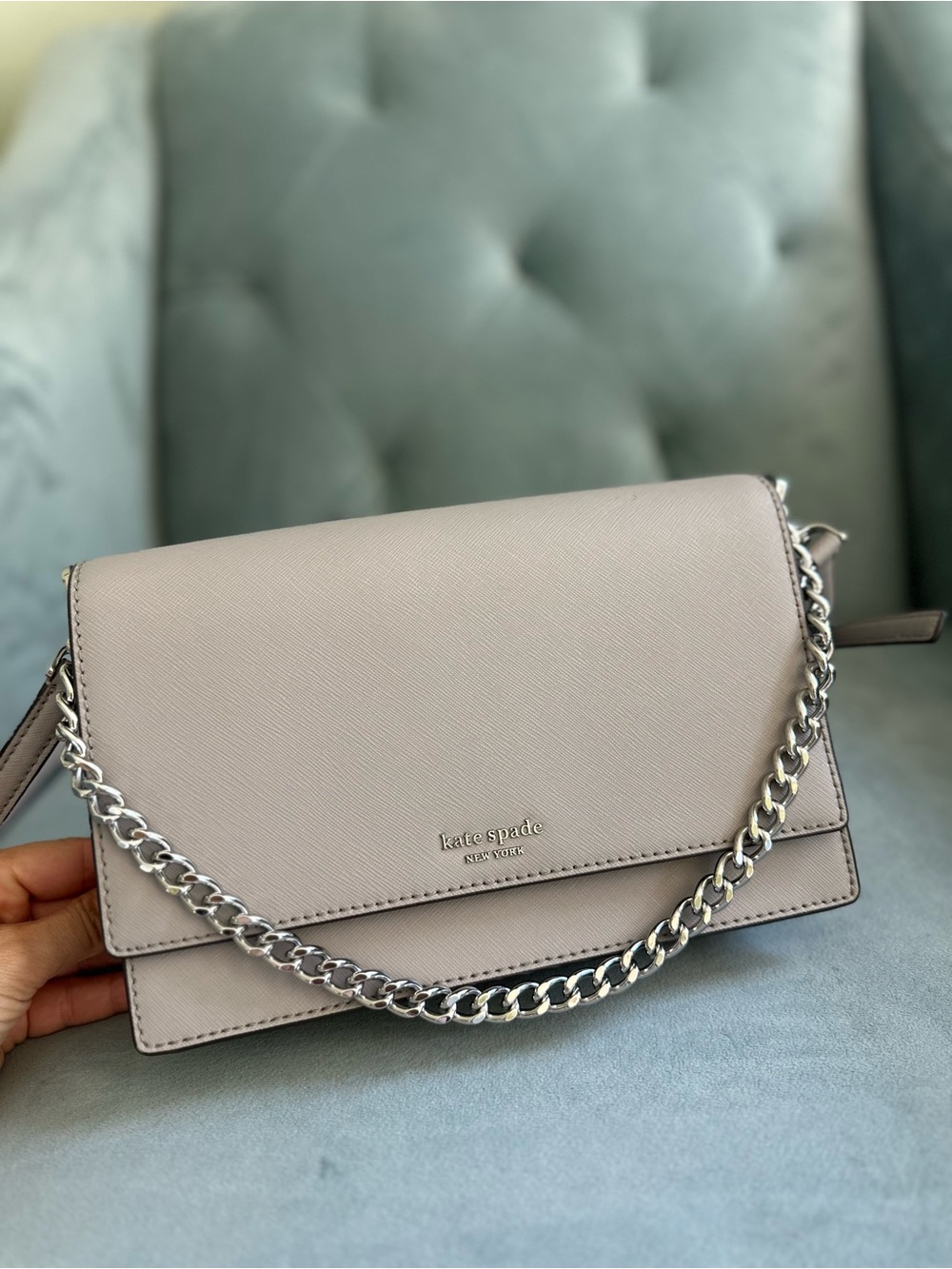 kate spade Pale Gray Pebbled Leather Crossbody with Silver Chain